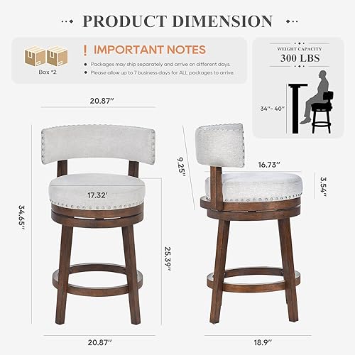 Miniatura 2 de COLAMY Juego de 2 taburetes de bar giratorios, modernos taburetes giratorios con respaldo, taburetes de bar de altura de mostrador, taburete de bar