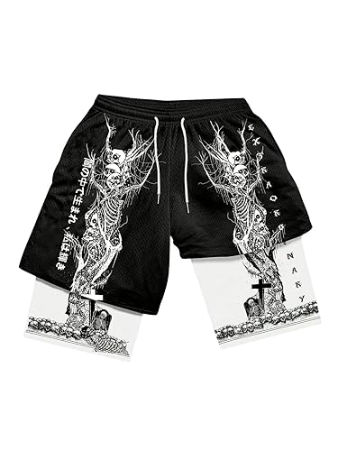 VIPWOLF Men's Renaissance Graphic 2 in 1 Running Shorts Goth Drawstring Drippy Shorts with Liner - X-Large - Black Skull