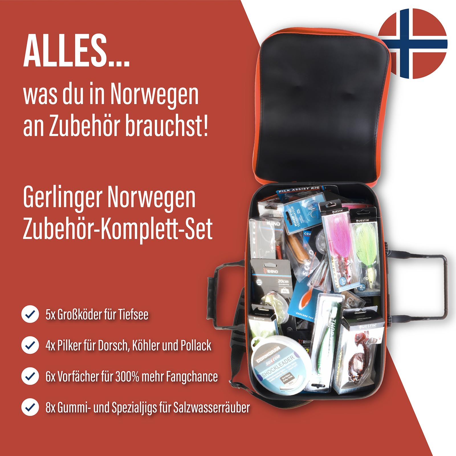 Angelzubehör-Set Norwegen – Komplett-Set für Meeresangeln | wasserdichte Tasche, Filetiermesser, Pilker, u. v. m. | Dorsch & Heilbutt | Angelset