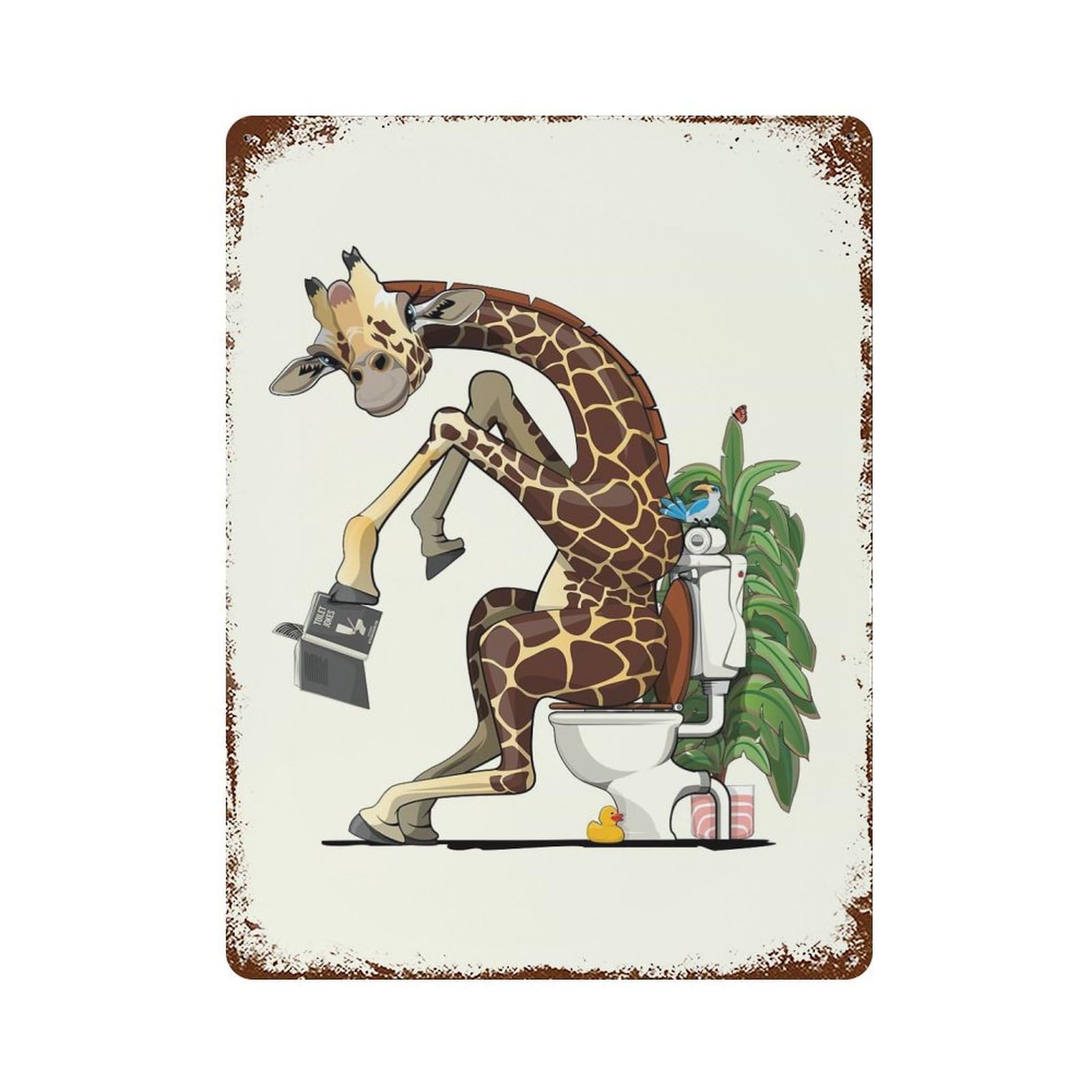 Rust Effect Giraffe Using The Toilet Aged Metal Wall Plaque 15.7"x11.8", Rustic Home Decor for Bistro, Counter And Cafe Decor