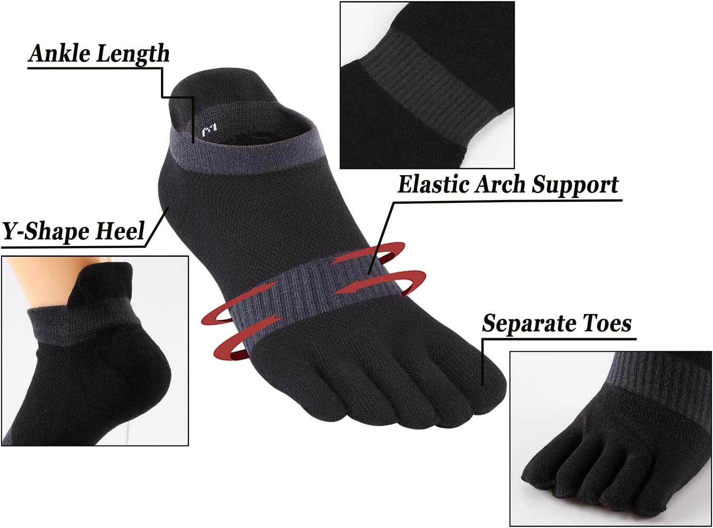 Men Toe Socks No Show Low Cut Athletic Wicking Cotton 5 Finger Split Toe 6 Pack - Image 3