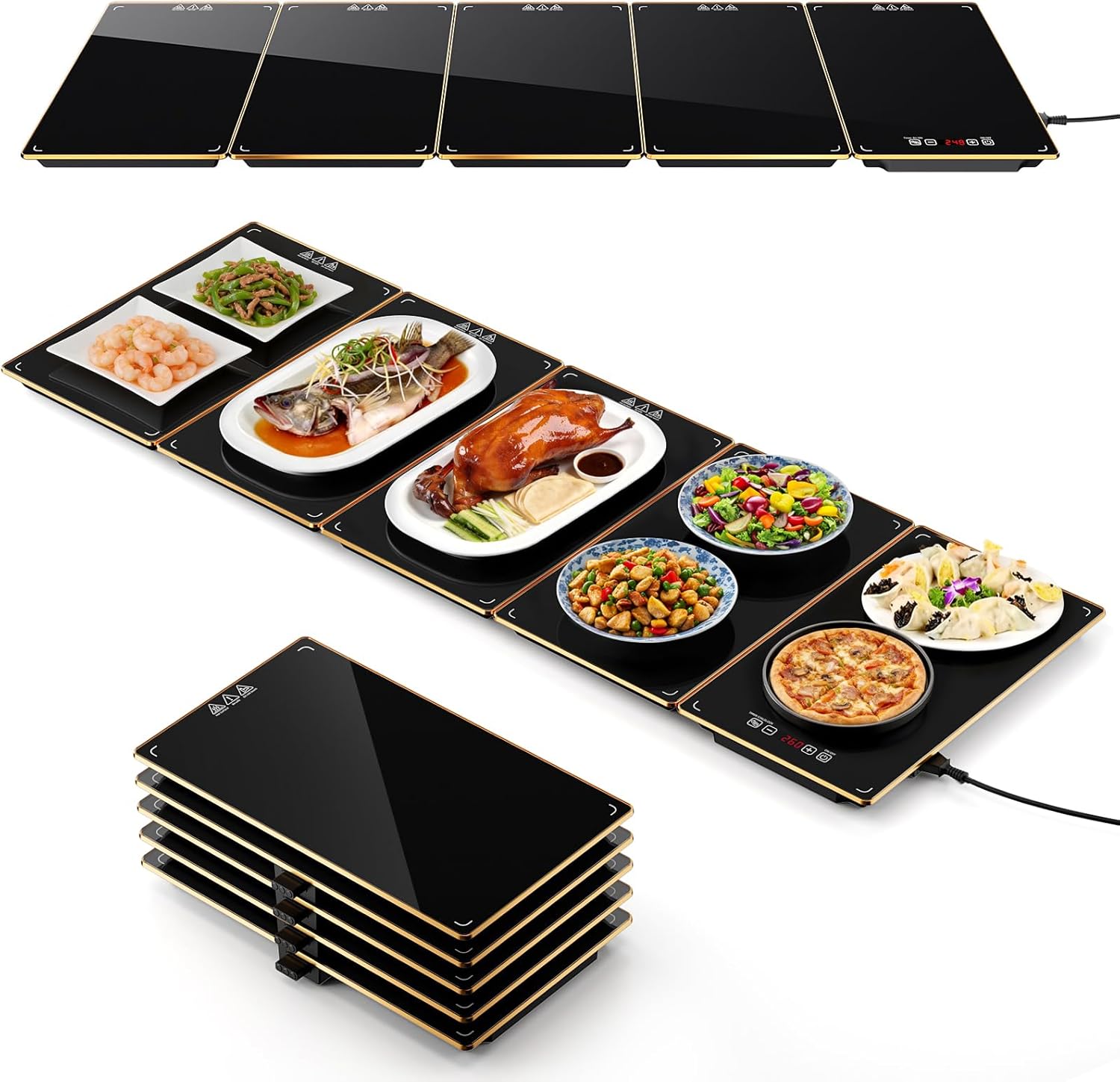 Electric Warming Tray, 5-in-1 Modular Connectable Food Warming Tray, Tempered Glass Top with Aluminum Gold Frame, Buffet Warmer for Parties, Catering & Family Gatherings, 43.3 15 in
