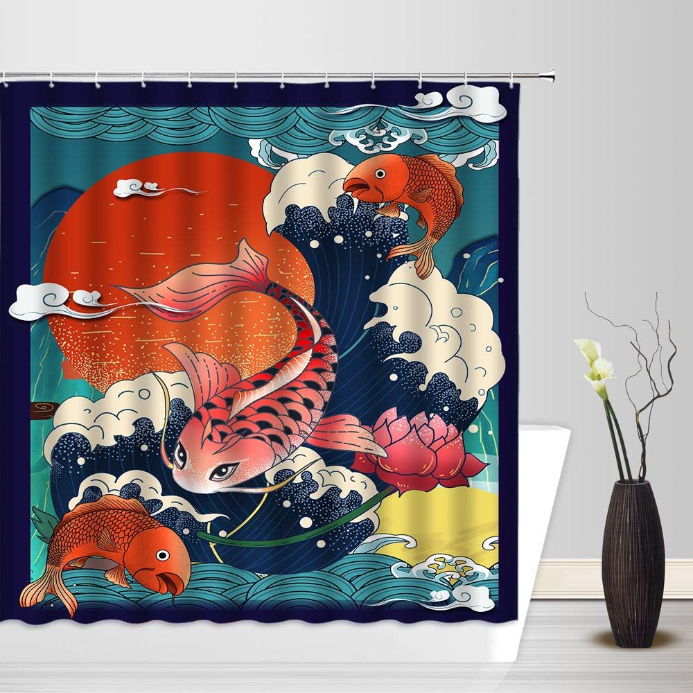 Sanzugh Yin-Yang Duschvorhang – Japanischer Koi-Fisch, 183x183 Cm, Inkl. Haken