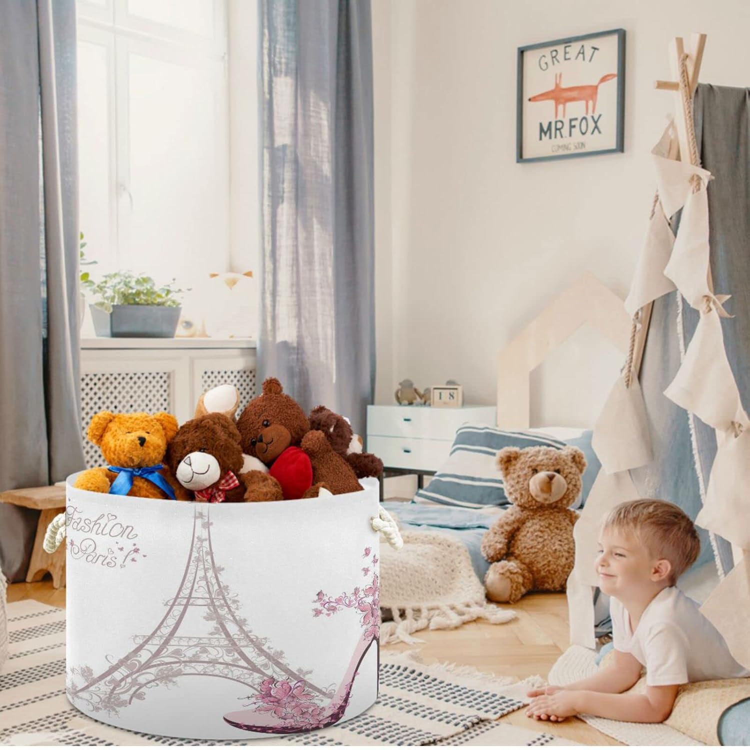 visesunny Eiffel Tower Fashion Paris Floral Collapsible Large Capacity Basket Storage Bin with Durable Cotton Handles, Home Organizer Solution for Office, Bedroom, Closet, Toys, Laundry