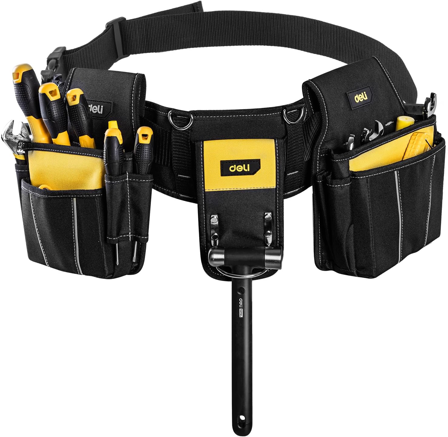 DELI 22 Pocket Black and Yellow Heavy Duty Tool Belt for Man, Construction Tool Belt, Work Apron, Tool Pouch, with Poly Web Belt Quick Release Buckle Adjustable Max Up to 50"