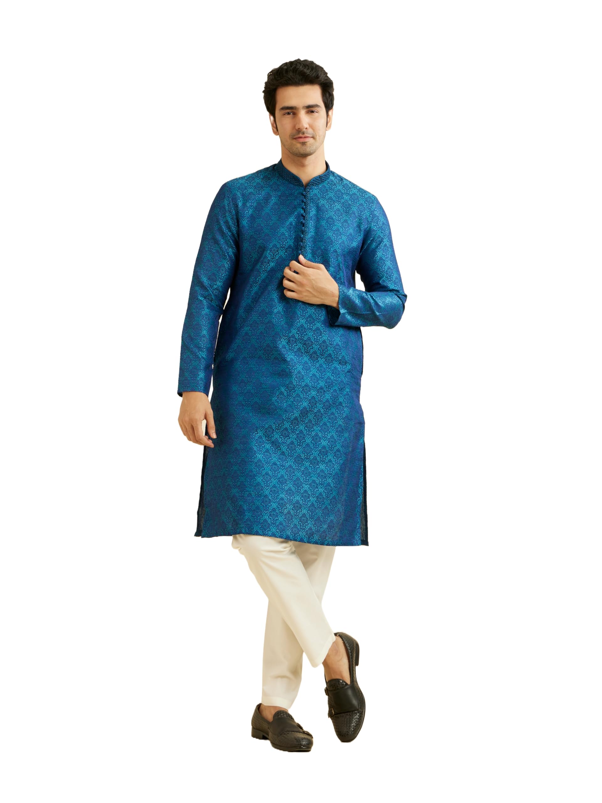 Men's Embroidered Knee Long Full Sleeves Kurta Pyjama Set (2pcs)-image-2