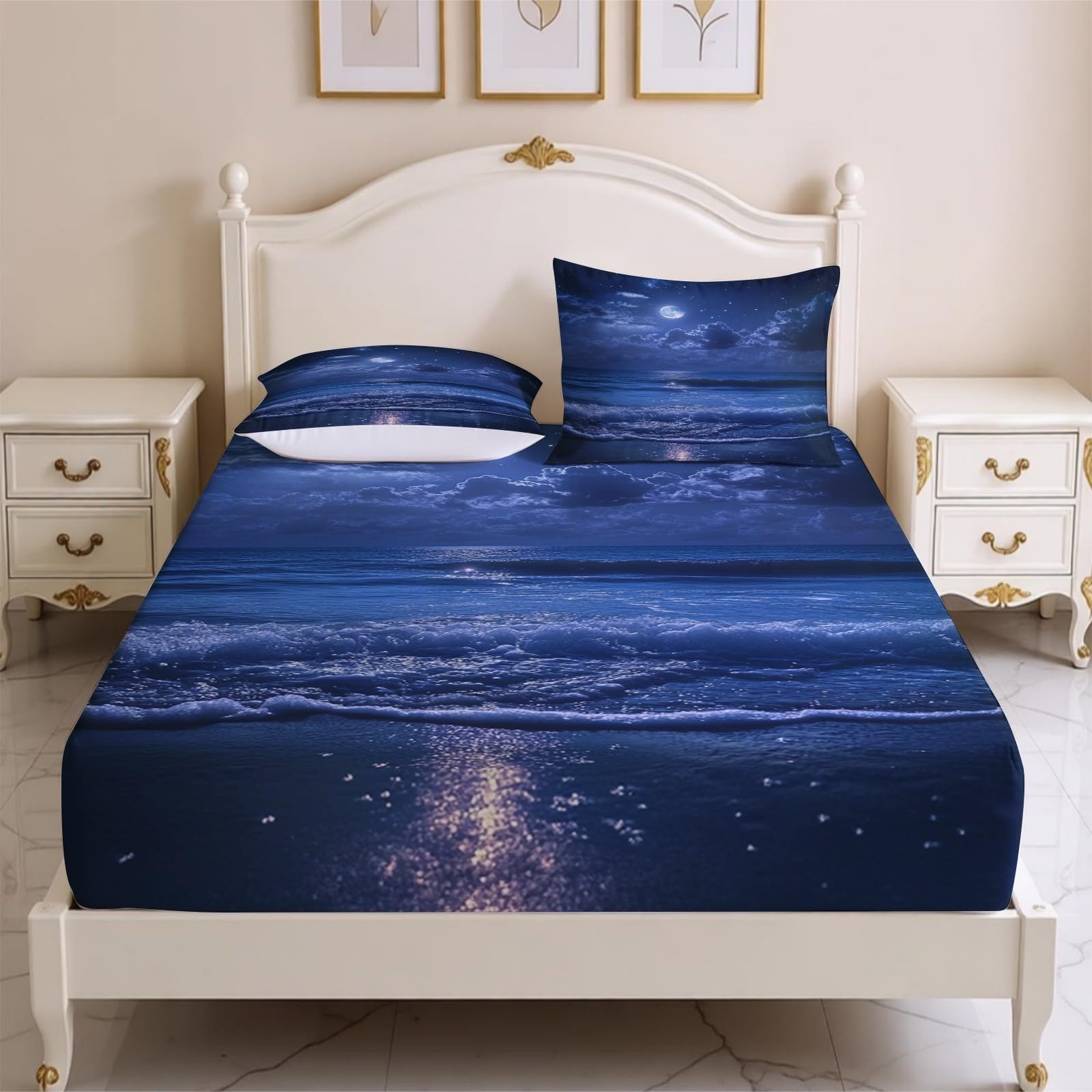 Lenzuolo con Angoli 180 x 200 cm Microfibra Vista notturna della spiaggia Lenzuolo Sotto Elasticizzato Profondo 25 cm blu per Singolo e Matrimoniale