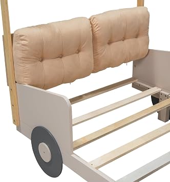 Twin Size Car Pillow,Ceiling Cloth and LED Light, Wood Platform Beds w/Canopy Frame, No Box Spring Needed,for Kid Adult Boy Girl,Natural
