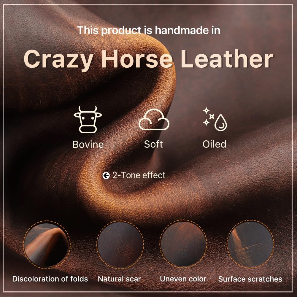CONTACTS Full Grain Crazy Horse Leather Pencil Case Handmade Vintage Zipper Pen Holder Pouch with Card Slot Pens Organizer Pockets Stationery Bag for Men