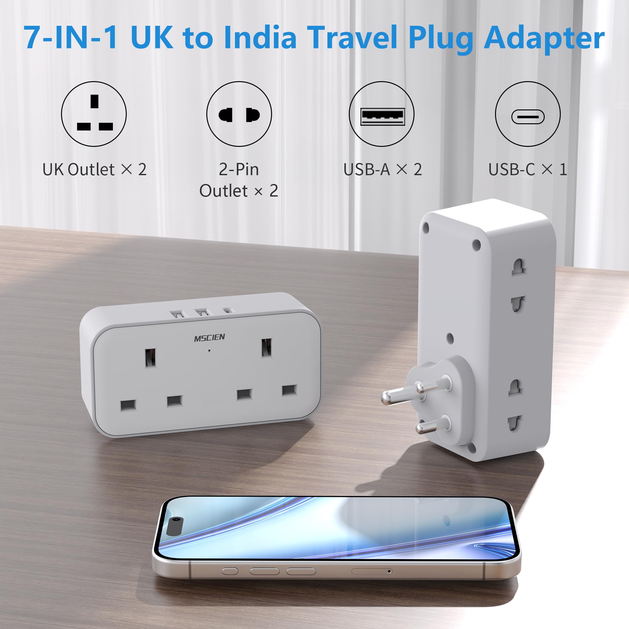 UK to India Plug Adapter, MSCIEN India Travel Adapter with 3 USB (1 USB C), Grounded Charger Travel Adaptor Plug UK to India - Image 2