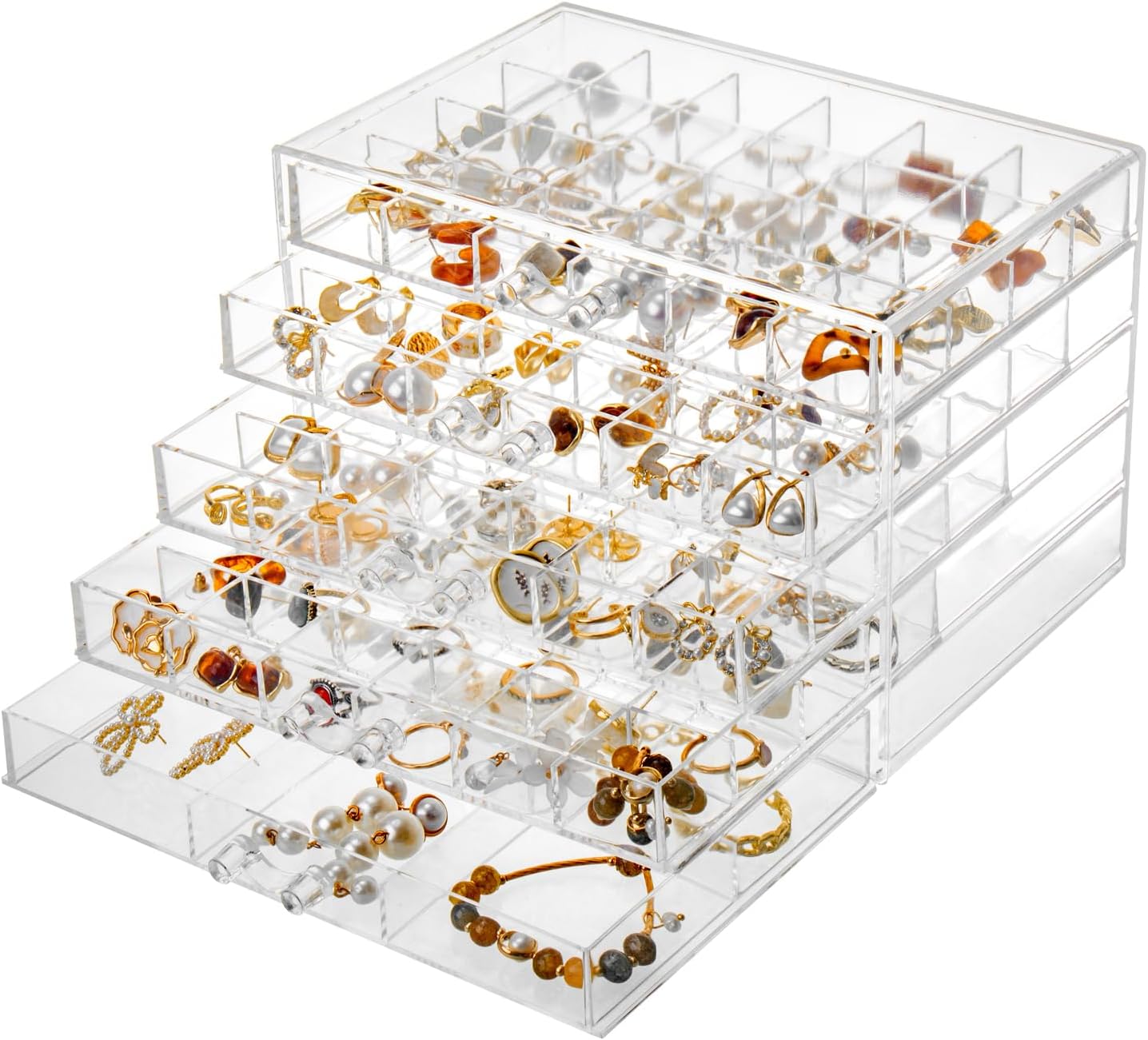 YUFONG Jewelry Boxes Earring Storage Box Organizer 5 Drawers Jewelry Organizer Acrylic Jewelry Storage Box Holder Compartment Transparent Display Storage Case Gift for Women Girls (102 Girds)