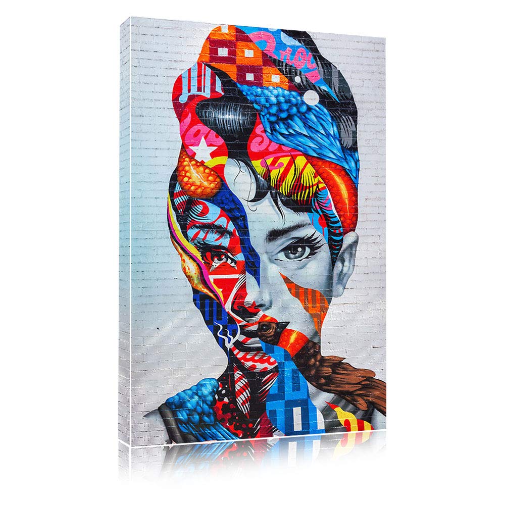 Audrey Hepburn Portrait Mural Wall Art Canvas Paintings Abstract Colorful Pop Art Street Art Prints and Posters Famouse People Graffiti Pictures for Modern Home Decor Wooden Framed 16"x24"