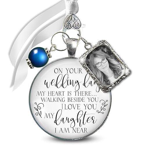 Bouquet Charm For Bride Silver Jewelry On Your Wedding Day White Glass Pendant Remembrance Mom Dad Memorial Something Blue Bead, Memory Photo
