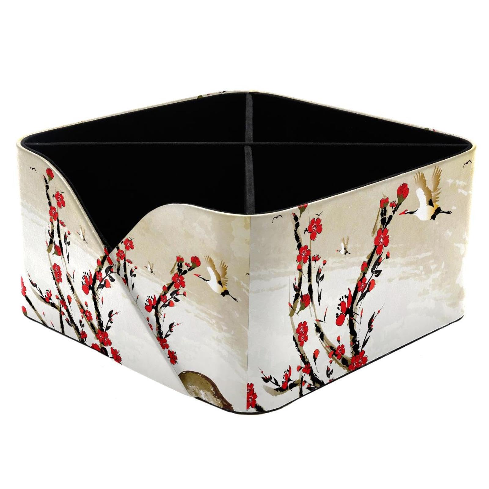 KengjuTesu Japanese Cherry Flowers and Crane Birds Desktop Organizer Pen Holder, Rectangular Pencil Cup for Office, Study and Makeup Stations