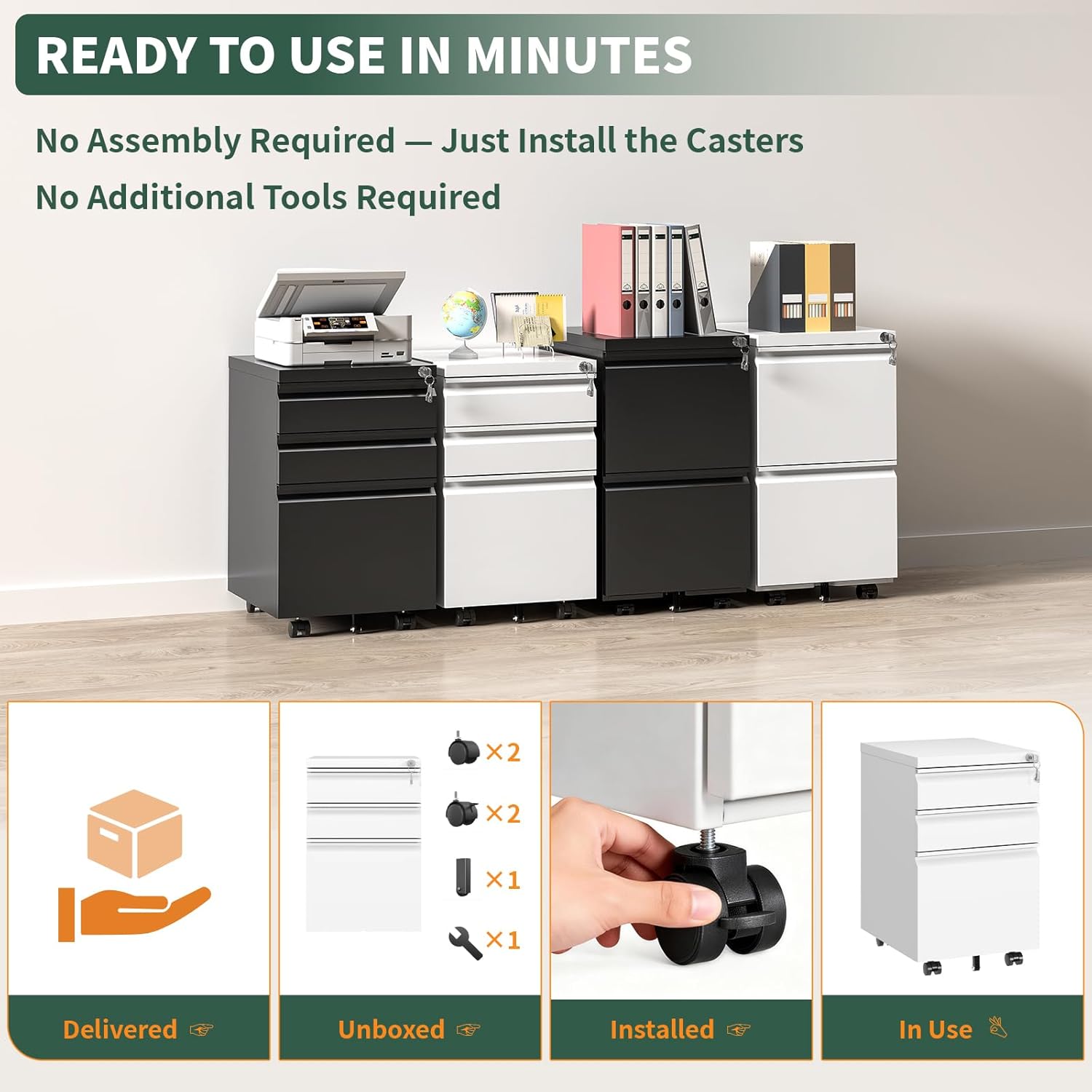 3 Drawer File Cabinet with Lock,Under Desk Rolling Small Filing Cabinet for Home Office Storage, Mobile Steel Cabinets with Wheels, Fully Assembled, White