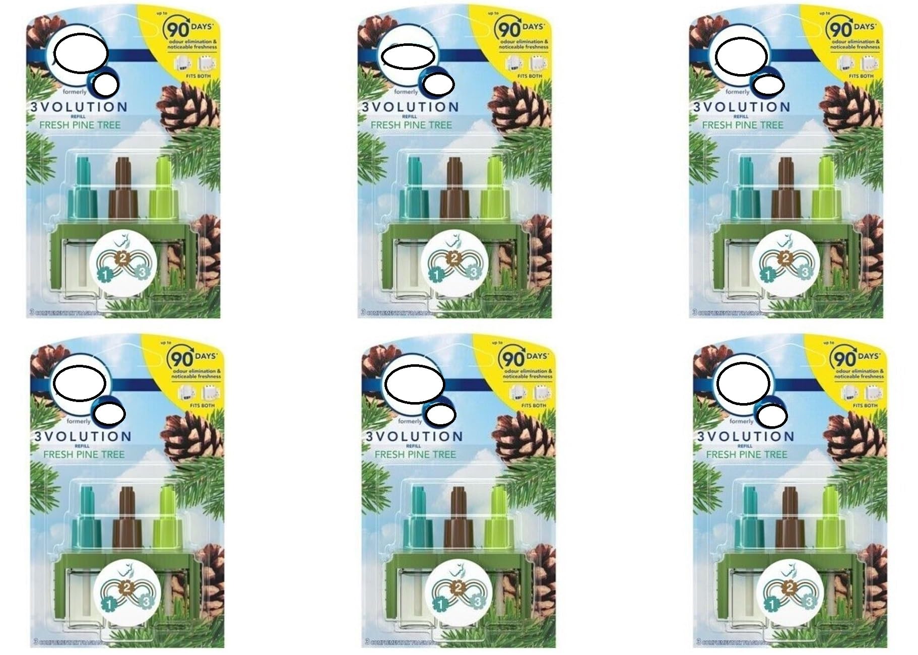 Air Freshener 3 Scents Plug In Refill Fresh Pine Tree Scent (6x 20mls) Bulk Home Fragrance. Pack of Plug In Refills. Christmas Scent.