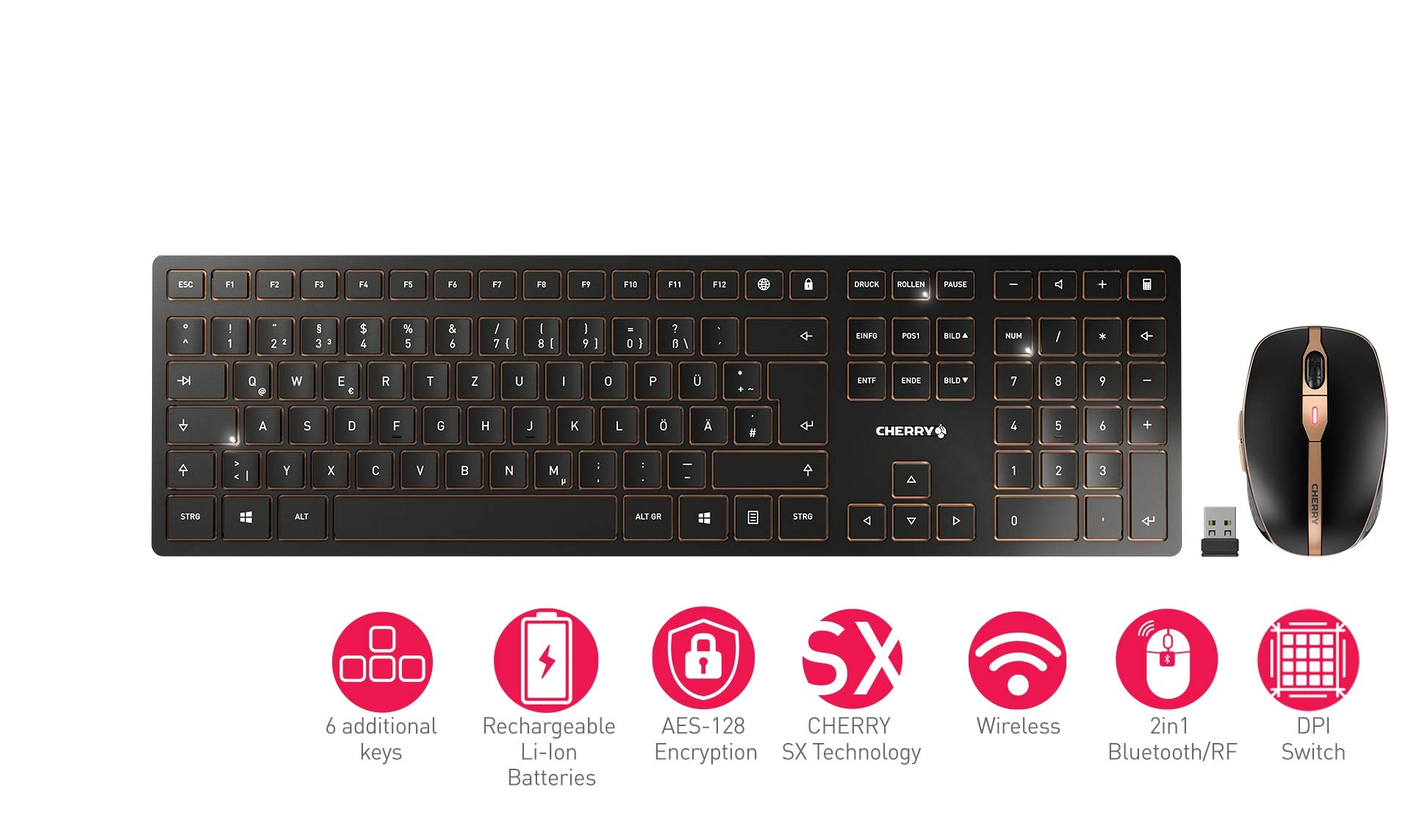 CHERRY DW 9000 SLIM Kabellos – Tastatur & Maus Set, Bluetooth & 2,4 GHz, Leise Tasten, Aufladbar