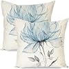 Floral Decorative Throw Pillow Covers 18x18 Inch Set of 2 Blue Peony Flower Outdoor Boho Spring Summer Decor Modern Abstract Cushion Case Decoration for Home Sofa Couch Living Room Bedroom