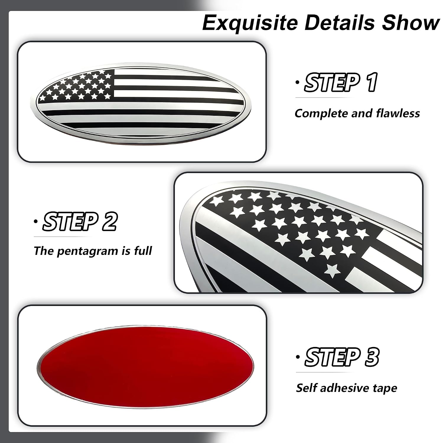 9.5 Inch Front Grille American Flag Overlay Emblem Compatible with Ford, Silver Rear Tailgate Flag Emblem Badge Compatible with F150 2015-2021