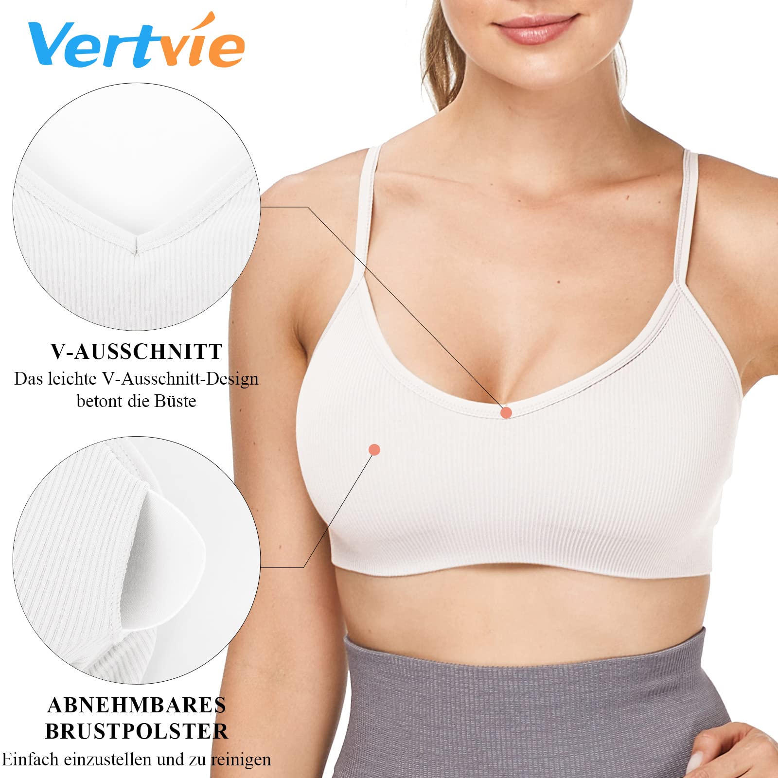 Vertvie - Reggiseno sportivo da donna, 2/3/4 pezzi, senza ferretto, imbottito senza cuciture, reggiseno a basso supporto 3 bianco. XS