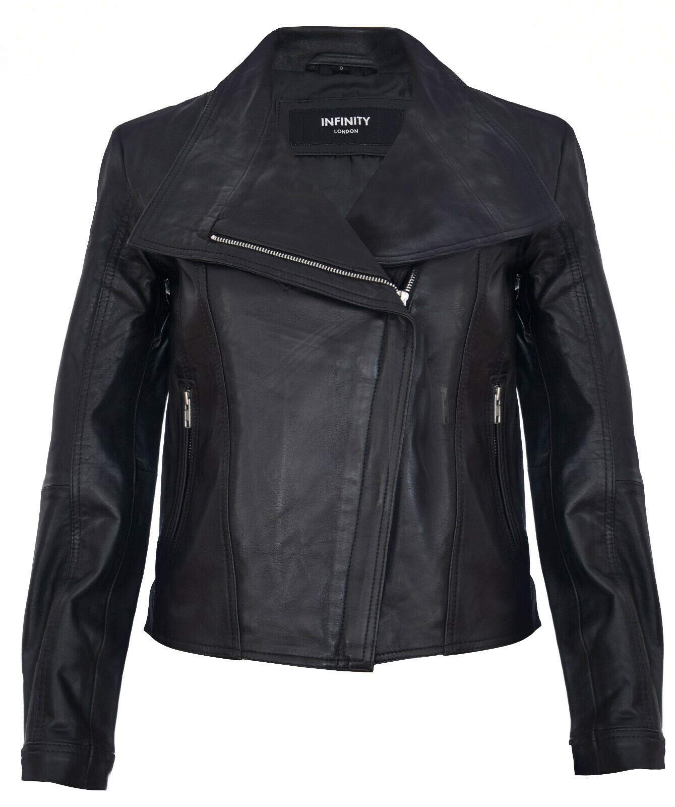 Infinity Leather Women's Black Leather Jacket Classic Biker Style Shawl Real Leather Jacket Xl