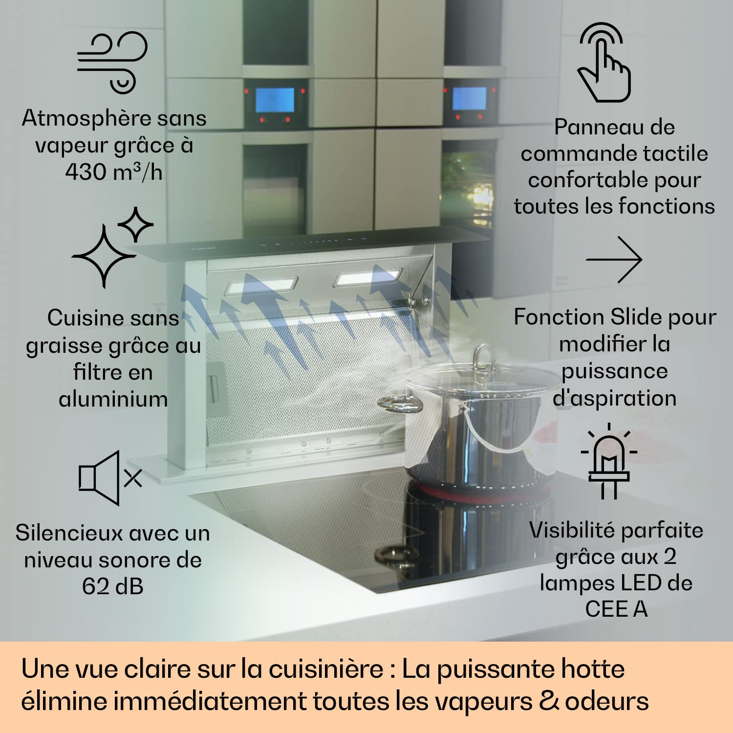 Klarstein Downdraft Hotte Aspirante, Encastrable et Silencieuse pour Cuisine, Débit d'Air 485m³/h, Filtres Inclus, 4 Modes de Ventilation, Mode Recirculation en Option, Minuterie, Sans Evacuation