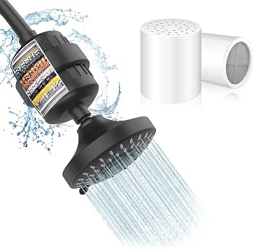 FEELSO 5 Spray Mode Filtered Shower Head+FEELSO 2 Pack Replacement Filters, Matte Black