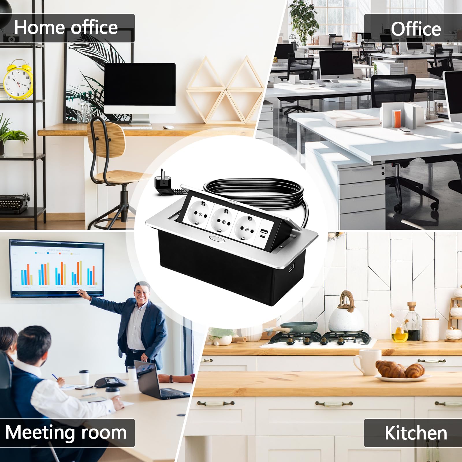 Aluminium Tischplatte Versenkte Steckdose, 4000W/16A Tischplatte Einbausteckdose mit USB und Type C, Tischsteckdose 3 Fach Einbau Steckdosenleiste, Steckdosen für Konferenzraum Heim Büro,1,8M Kable