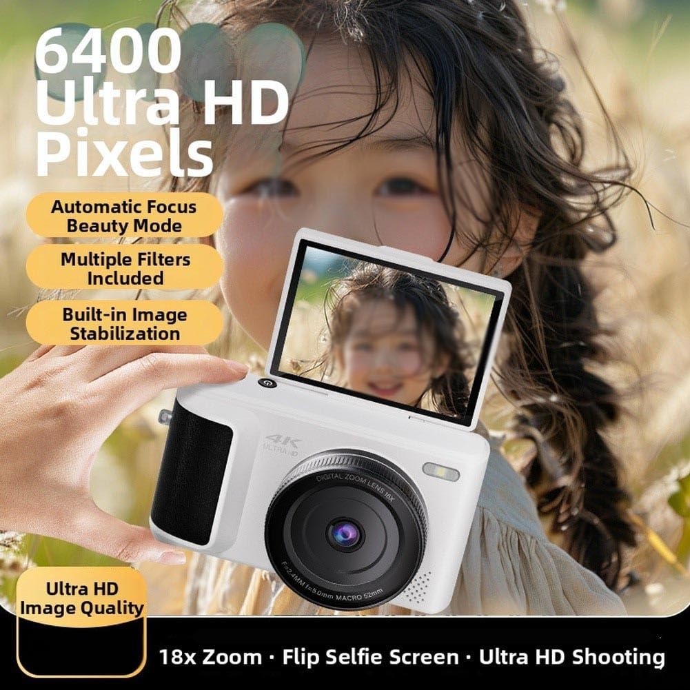 Telecamera con schermo flip da 64 MP, con controllo vocale, per immagini ultra HD con scheda di memoria da 64 GB, CCD leggero per principianti di fotografia (argento)