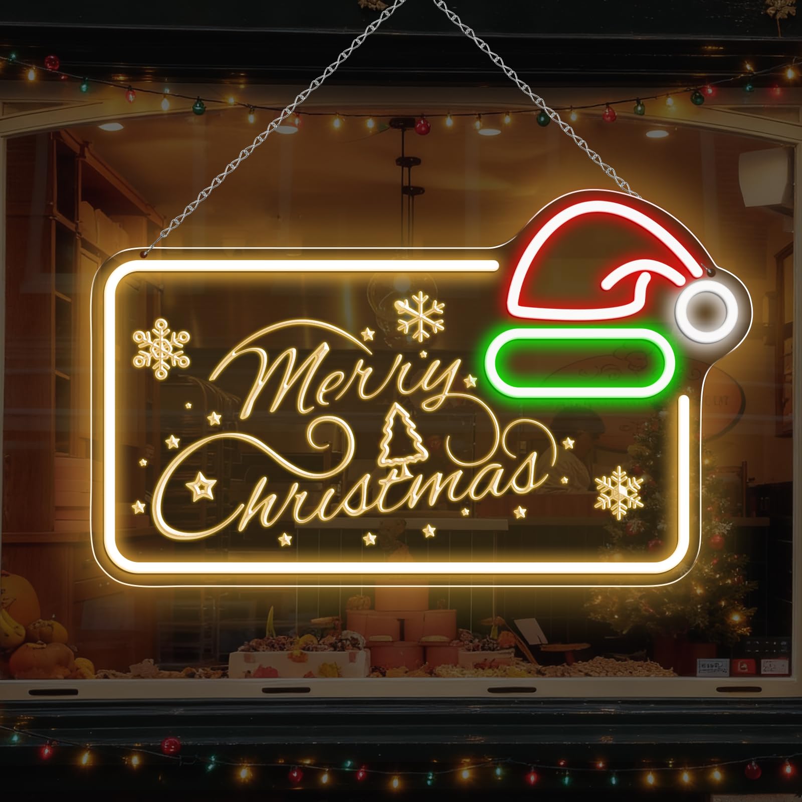 Letrero de neón LED de Feliz Navidad de 16.5 x 10 pulgadas, decoración de pared con luz LED regulable con sombrero de Papá Noel, decoración de pared alimentada por USB para el hogar, habitación de los