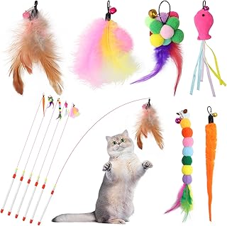 YFLeomry Cat Toy Angel 12 Pieces with 6 Pieces Retractable Cat Fishing Rod Stable and 6 Pieces Cat Toy Feather with Bells, Cat Angel for Kittens and Cats, Interactive Cat Toy product image
