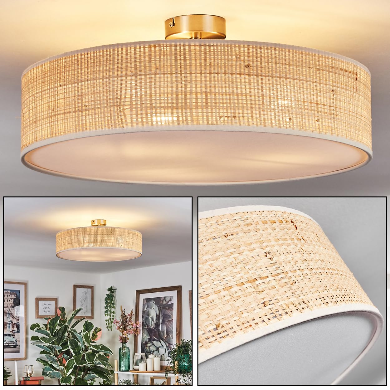 HOFSTEIN Deckenleuchte Foggia, Deckenlampe aus Metall/Rattan/Stoff/Kunststoff in Nickel-matt/Naturfarben/Weiß, runde Boho Leuchte (Ø 50 cm), E27, Esszimmer, Wohnzimmer, Schlafzimmer, Küche, Flur