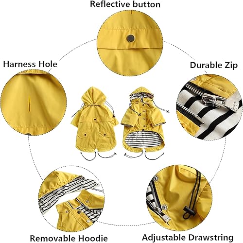 Miniatura 8 de Morezi Impermeable para perro con cremallera y botones reflectantes, resistente a la lluvia y al agua, cordón ajustable, capucha extraíble, elegante
