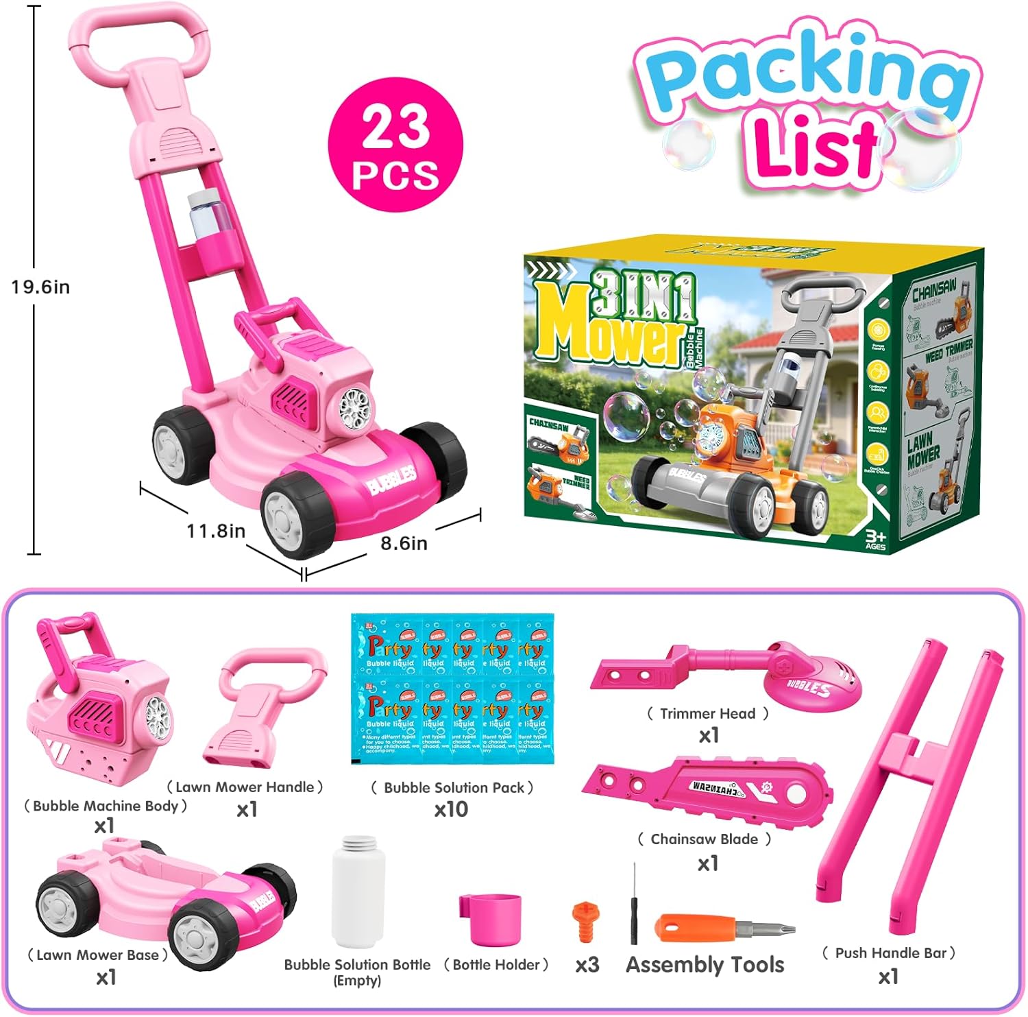 Bubble Lawn Mower for Kids, 3-in-1 Bubble Machine Blower with 10 Bubble Solution, Outdoor Push Toys for Toddlers Ages 3-8, Birthday Easter Summer Gift for Boys Girls 3 4 5 6 7 8 Year Old