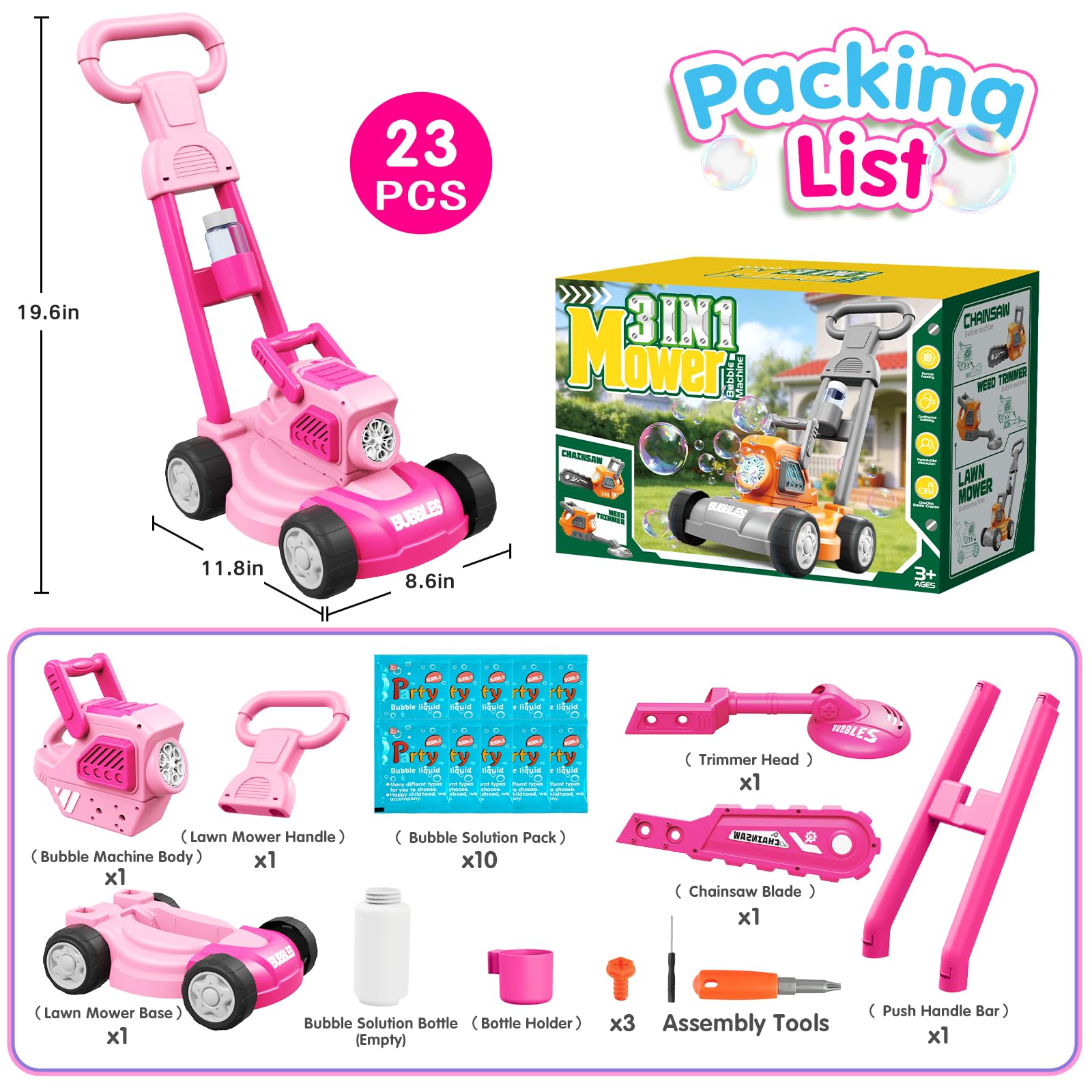 Bubble Lawn Mower for Kids, 3-in-1 Bubble Machine Blower with 10 Bubble Solution, Outdoor Push Toys for Toddlers Ages 3-8, Birthday Easter Summer Gift for Boys Girls 3 4 5 6 7 8 Year Old — view 6
