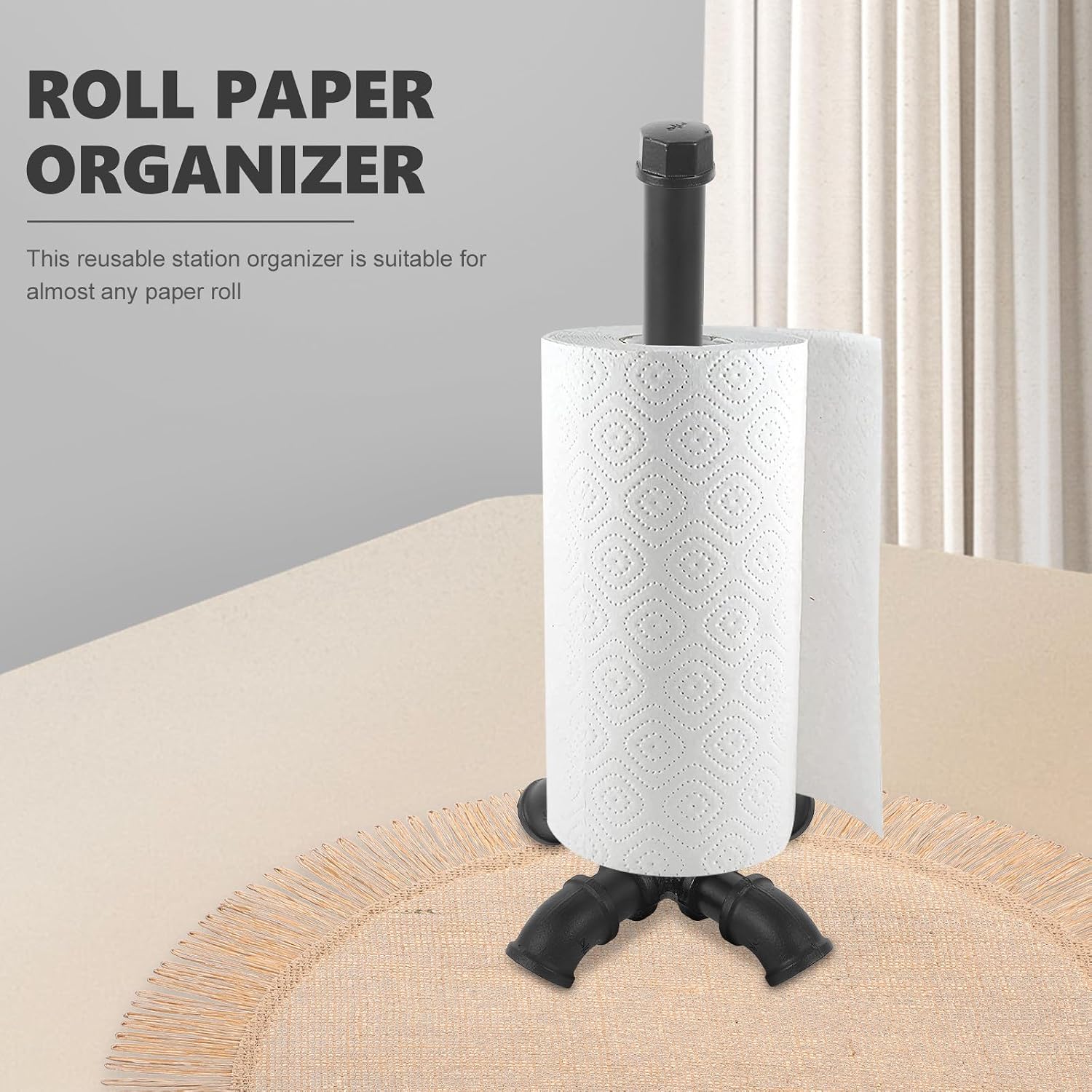 Iron Paper Towel Holder Countertop with Sturdy Flat-Bottom Design Base, Vertical Standing Roll Paper Towel Rack for Kitchen and Dining Table, Black Industrial Style