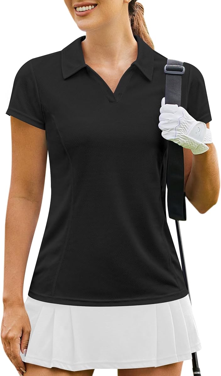 PINSPARK Womens Golf Shirt Short Sleeve Polo V-Neck Quick Dry Tennis Tops