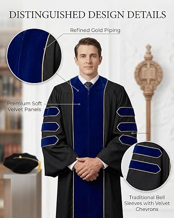 Deluxe Doctoral Regalia & Tam | PhD Professor Doctor 2026 Graduation Gown | Gold Piping Velvet Academic Gown