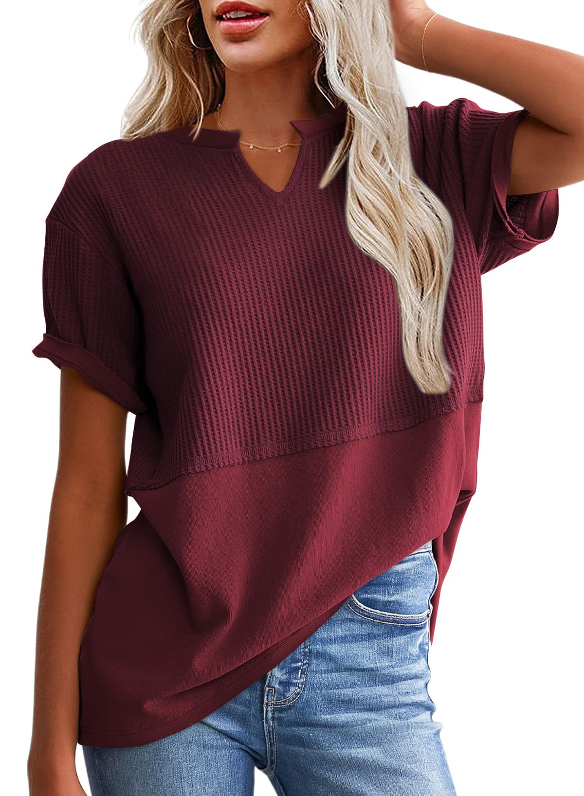 SHEWIN Womens Casual V Neck Waffle Knit Tops Short Sleeve T Shirts Loose Blouses