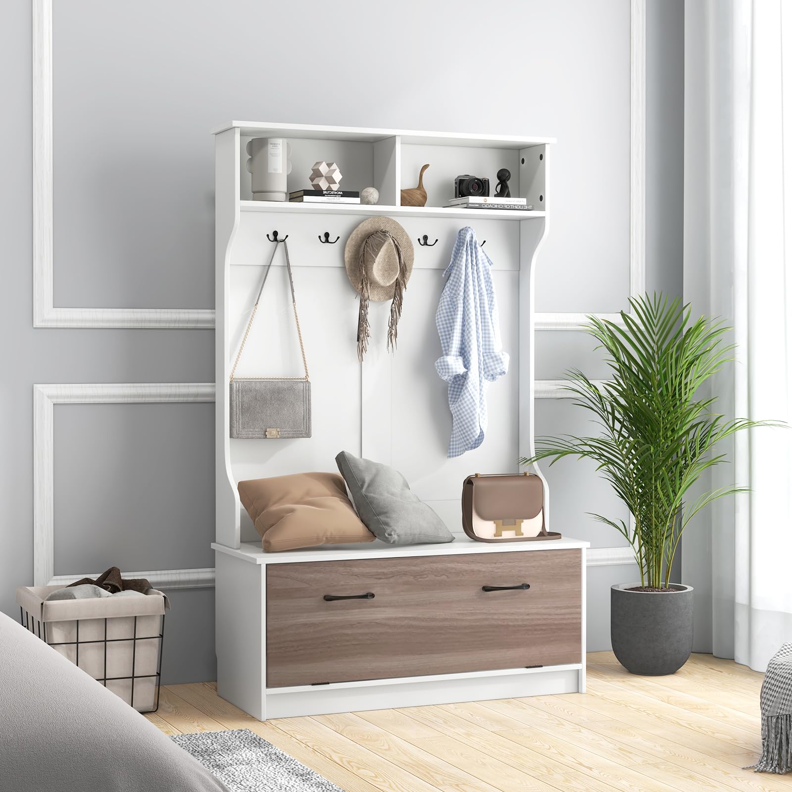 GIANTEX Appendiabiti con Panca da Scarpe, Armadio con Panca Portaoggetti e 5 Ganci e Scomparti, Mobile d'Ingresso Moderno per Corridoio, Camera da Letto, 100x40x160 cm (Bianco)