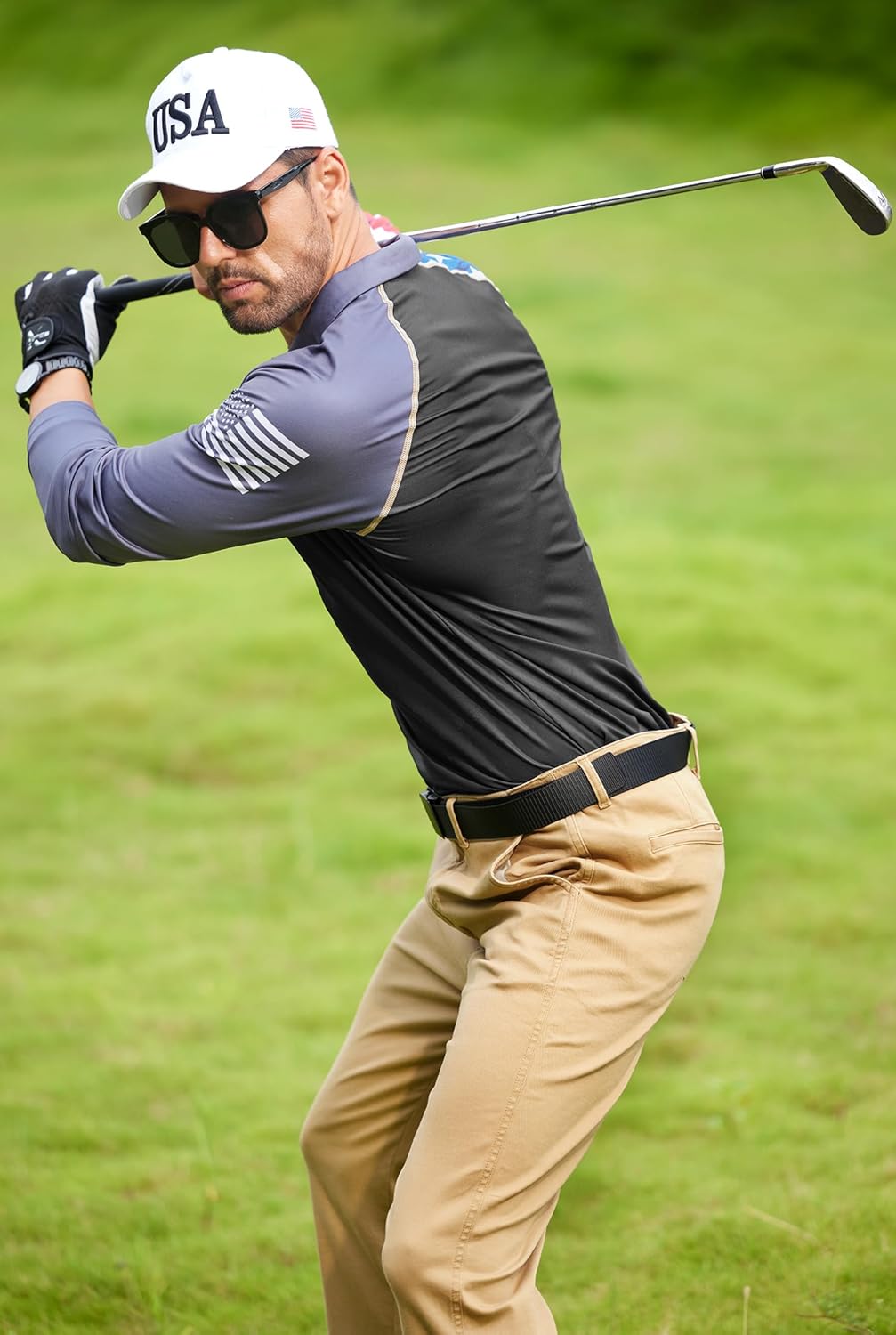 Man Novelty USA Flag Button Golf Polo Stripes and Stars Veteran Shirt Casual 4th of July Long Sleeve Fleece Polo T-Shirt L - Image 4