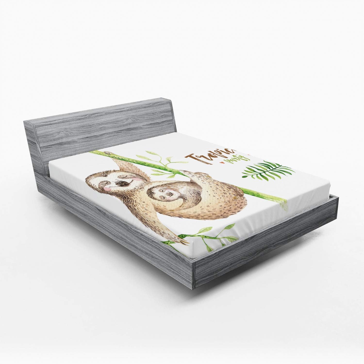Ambesonne Sloth 2 Pack Fitted Sheet, Happy Family Boho Style, Bed Cover All-Round Elastic Deep Pockets 2 Pieces, Package Contains 2 Queen Size Fitted Sheets, Pale Brown Green