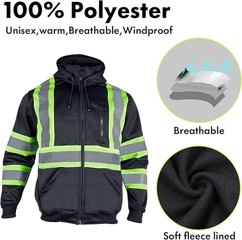Miniatura 4 de VENDACE Sudadera con capucha de forro polar reflectante de alta visibilidad ANSI Clase 1 para hombres con capucha desmontable (negro, XL)