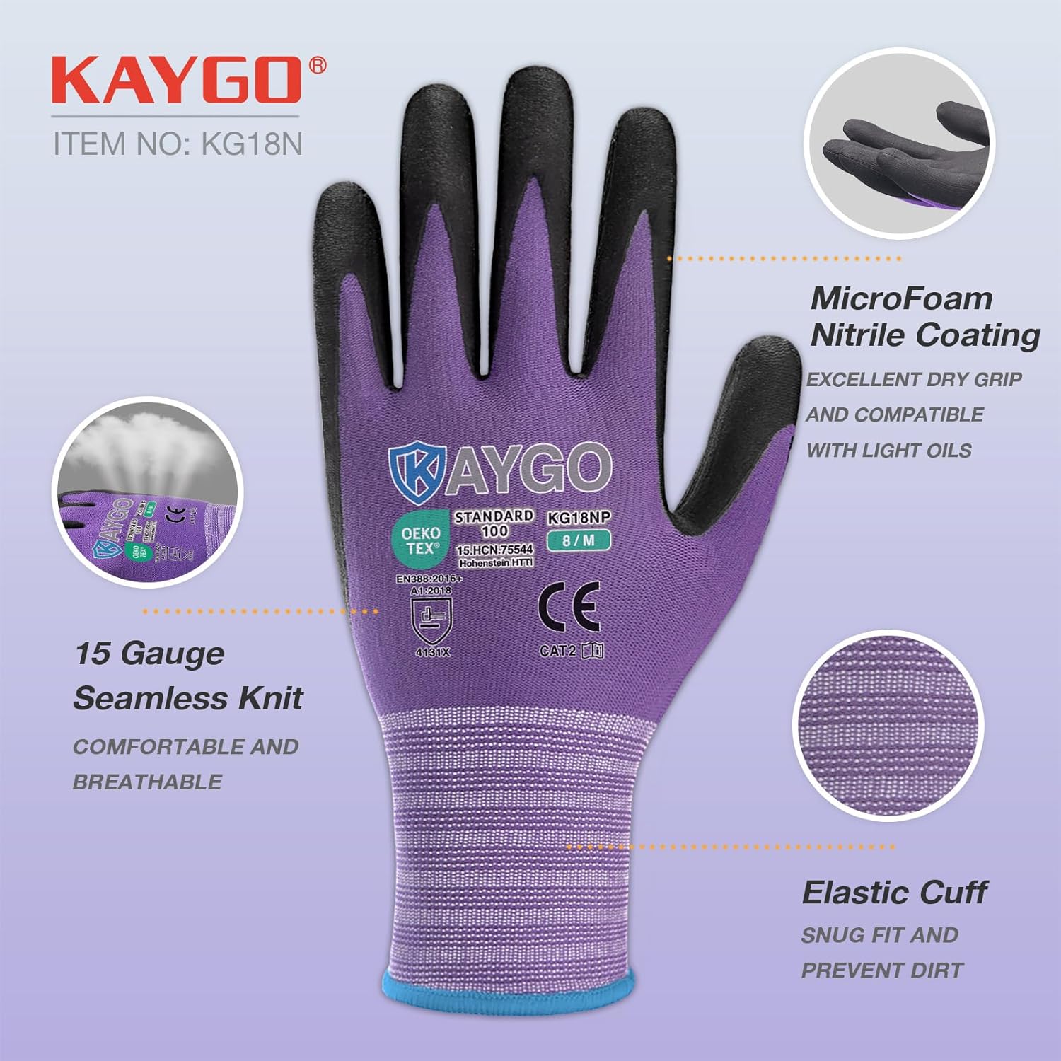 KAYGO Safety Work Gloves MicroFoam Nitrile Coated, 3 Pairs KG18NB,Seamless Knit Nylon Glove for Men and Women, Ideal for Automotive,Warehouse,Construction (Medium,Purple) - Image 2