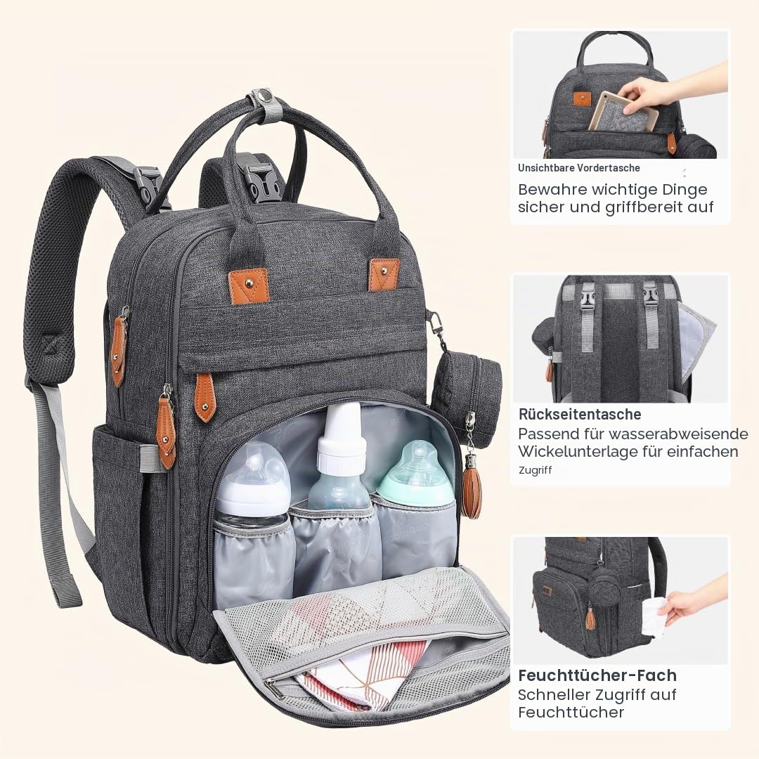 BabbleRoo Wickeltaschen-Rucksack, multifunktional, wasserdicht, Reise-Rucksack mit Wickelunterlage und Kinderwagengurten und Schnulleretui, Unisex und stilvoll (dunkelgrau)