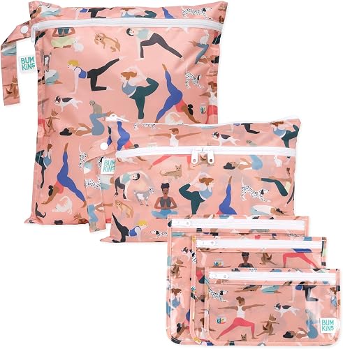 Bumkins Waterproof Wet Bag and Packing Pouches, TSA Airline Compliant, Pack for Baby, Travel, Swim Suit, Cloth Diapers, Pump Parts, Pool, Gym Clothes, Toiletry, Daycare, Zip Bag, 5-pc Set Yoga Pals