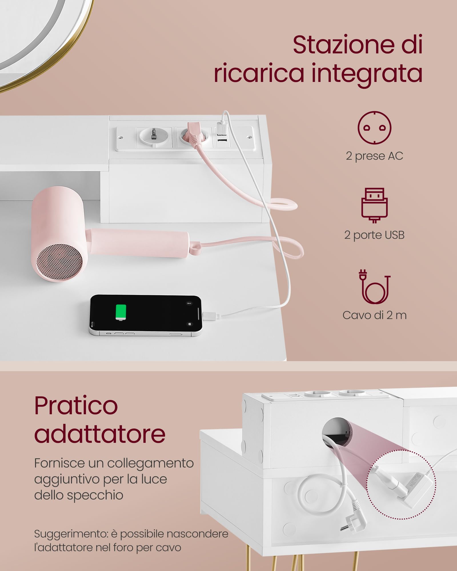 VASAGLE Toeletta con Sgabello e Illuminazione, Stazione di Ricarica, Specchio Girevole, Postazione Trucco, 40 x 80 x 134,8 cm, con Cassetti, Sgabello Imbottito, Bianco Opaco e Oro Pallido RVT019W01