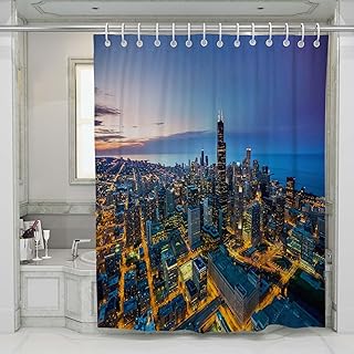 Chicago Shower Curtain Bathroom Curtain Sets Chicago Skyline Aerial View at Dusk Home Bathroom Decor Waterproof Fabric Curtain with Hooks 60x72 Inch
