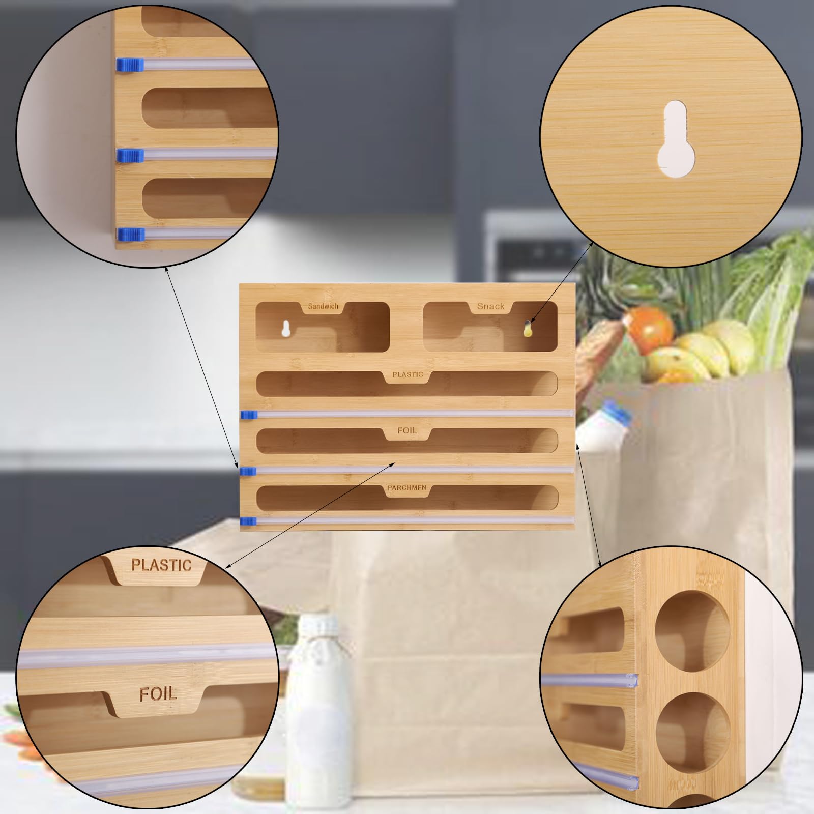 Distributeur 5-en-1 Bambou Pour Film Étirable, Aluminium, Sachets – Coupeur Intégré Et Organisateur Tiroir
