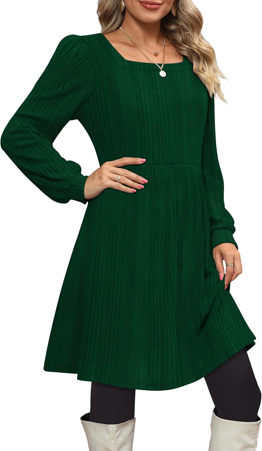 OFEEFAN Christmas Dresses for Women Knit Sweater Dress for Woman Deep Green S - Image 3